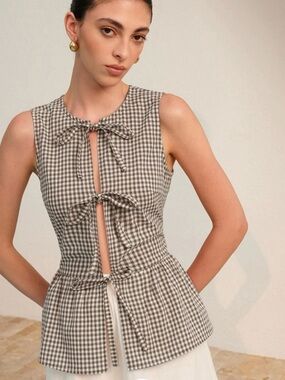 Commense Brown and White Gingham Sleeveless Top